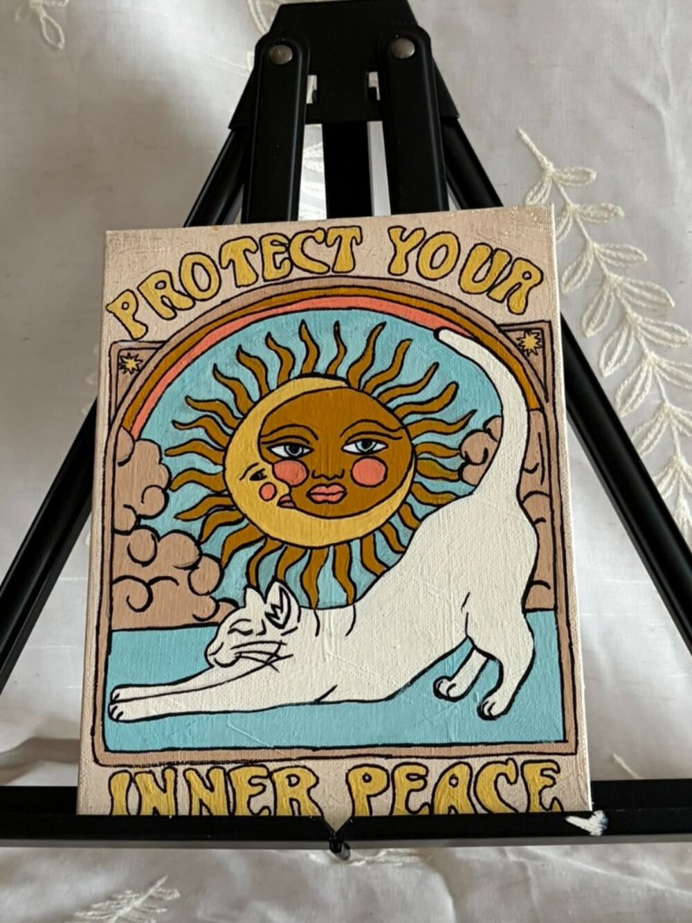Hand Painted Protect Your Inner Peace Cat Canvas 7x9